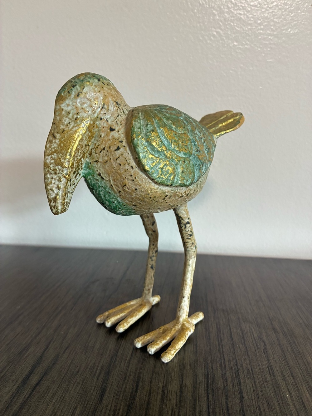 Decorative wood  Bird Sculpture in Gold and Patina Green